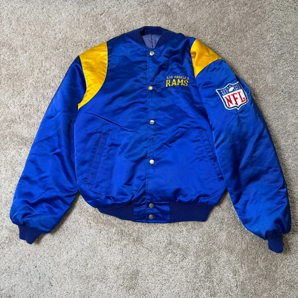 Vintage 80s 90s LA Rams Snap Bomber Jacket Blue Gold NFL Satin Fits Small-Medium